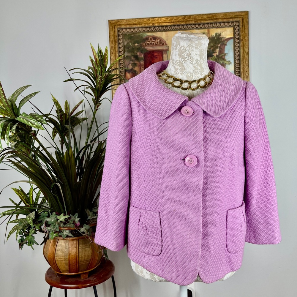 Ann Taylor Jacket Women 10 Pink Acrylic Textured Peter Pan Collar 3/4 Sleeve